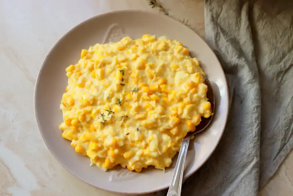 Creamed corn with golden edges and flecks of seasoning in a Dutch oven.