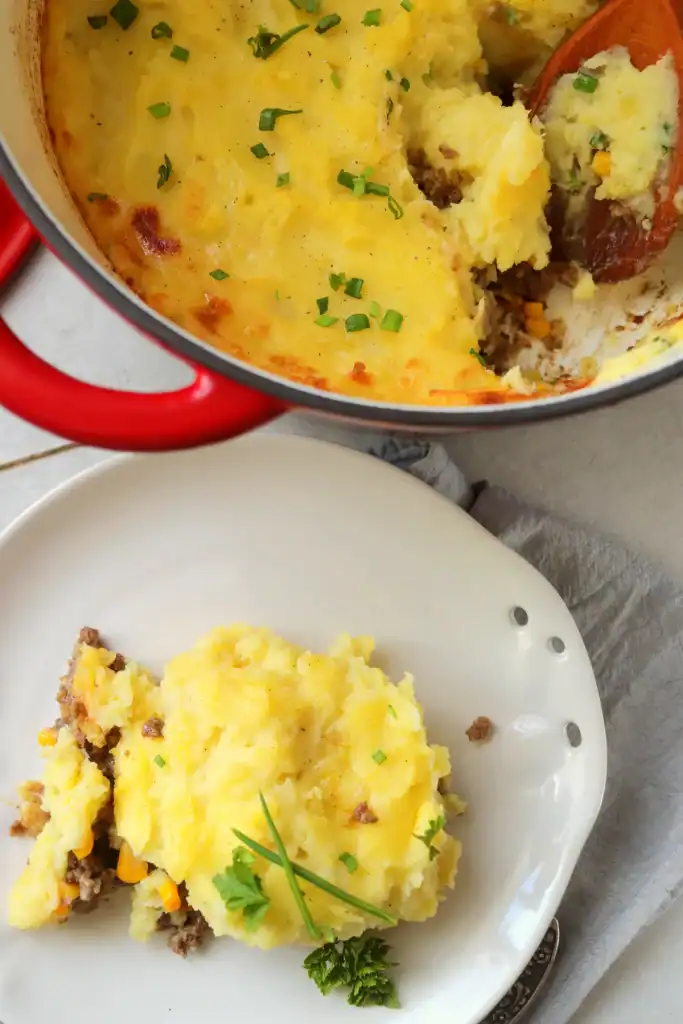 One-pot shepherd’s pie baked in a Dutch oven, topped with creamy mashed potatoes.